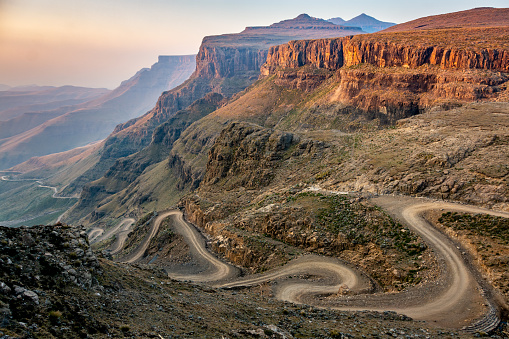 The winding Sani Pass dirt road between South Africa and Lesotho