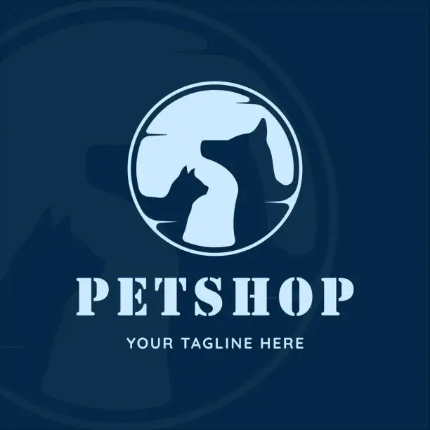 Vector illustration of silhouette dog and cat vintage emblem vector illustration template icon graphic design. pet shop sign or symbol for business concept with retro badge style