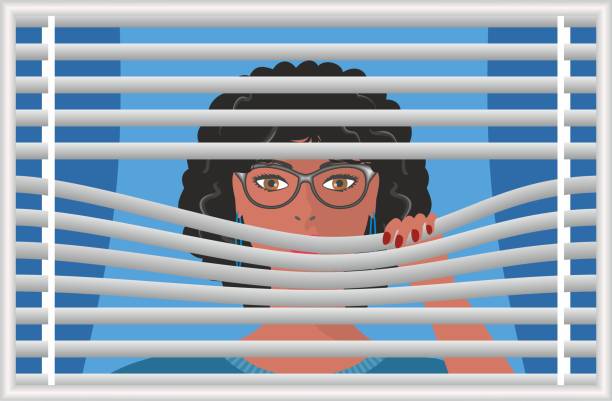 カーテンの後ろの女性。ベクターの図。 - blinds peeking looking window点のイラスト素材／クリップアート素材／マンガ素材／アイコン素材