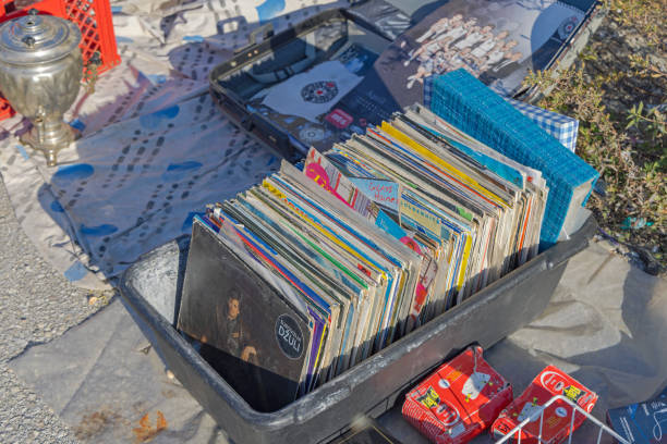 Belgrade, Serbia - October 30, 2021: Second Hand Long Play Vinyl Records for Sale at Flea Market.