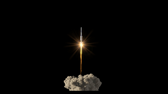 Rocket take off on black background 3d illustration