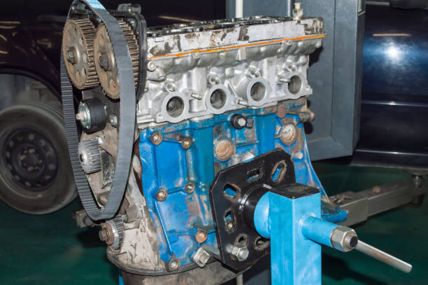 istock The blue engine block installed on the engine repair stand 1377753562