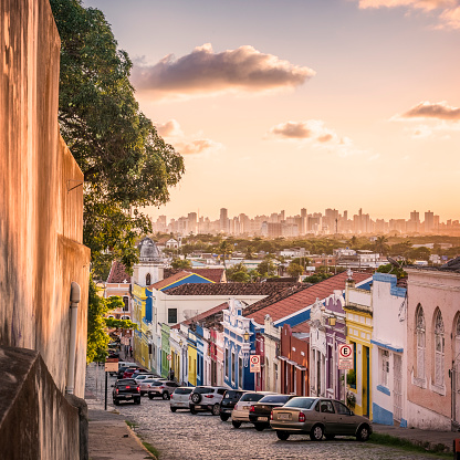 Olinda, PE, Brazil - January 20, 2017: view of the historic architecture of the Brazilian city of Olinda in Pernambuco, Brazil with its mix of contemporary and colonial buildings on cobblestone streets.