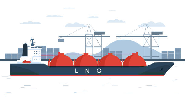 illustrazioni stock, clip art, cartoni animati e icone di tendenza di nave gasiera sullo sfondo di un terminale per container. illustrazione vettoriale. - gas naturale liquefatto