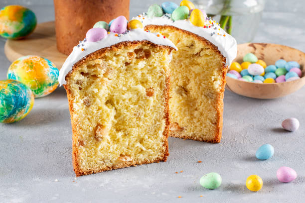 istock Easter composition with traditional Orthodox sweet bread. Kulich decorated with meringue icing 1377790317