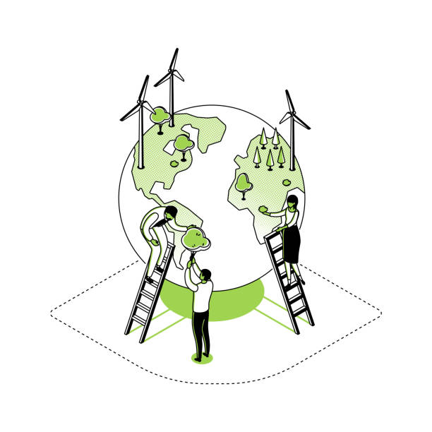 спасите планету - современная линия изометрии дизайна иллюстрации стиля - rescue energy tree earth stock illustrations
