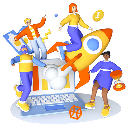 Startup launching - modern colorful 3D style illustration with cartoon characters. Cheerful people enjoy growing earnings and new funds. Riding a rocket, money, profit, coins, banknotes idea