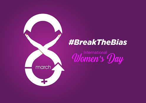 8 March, Break The Bias women's day 2022 concept Banner. Celebrate women's achievement. Raise awareness against bias. International women's day colorful banner background.