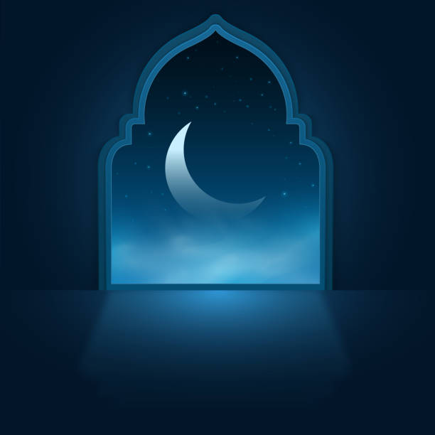 istock Ramadan Kareem background. Islamic mosque interior. Luminous window in the moonlight. Glowing moon with starry sky. Eid Mubarak. Vector illustration 1377836316