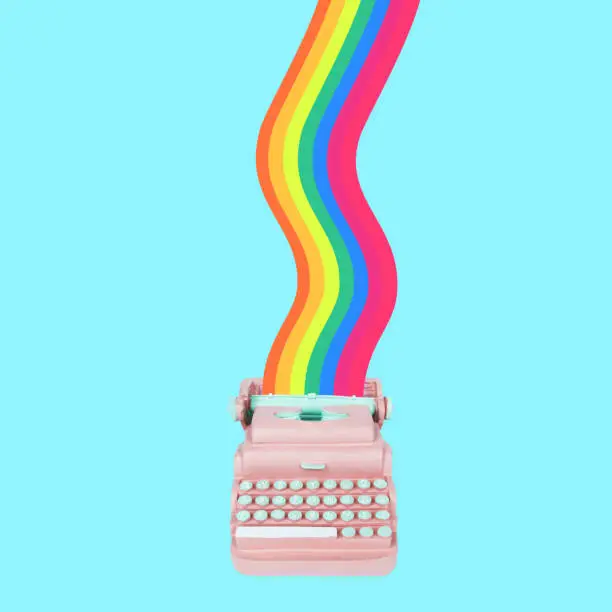 Photo of Typewriter keys keytops old style making lovely words of rainbow colors. Creative literature poetry or nice colorful concept. Trendy pastel colors