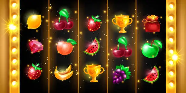 Photo of Casino 5-reel slot game background, vector golden fruit jackpot UI icons, Vegas machine banner.