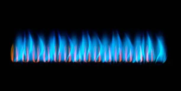 Blue gas flames against a dark background