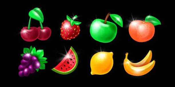 Photo of Casino slot fruit icon kit, glossy fresh apple, cherry, strawberry, vector gambling machine badge set.
