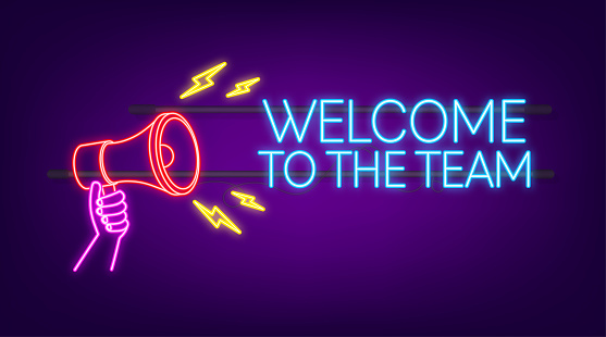 Welcome to the team written on label. Neon icon. Advertising sign. Vector stock illustration.