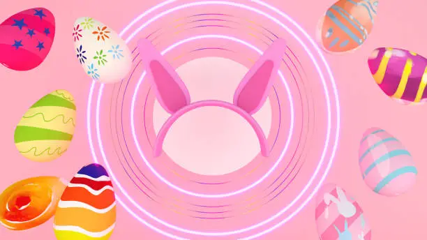 circle easter eggs on pink background,easter egg festival,celebration,happy easter,rabbit headphones,3d rendering