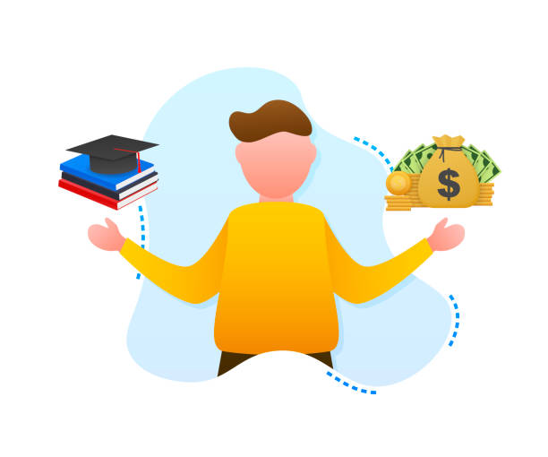 ilustrações de stock, clip art, desenhos animados e ícones de man choosing between two options money and education. vector stock illustration. - coin stacking vector part of