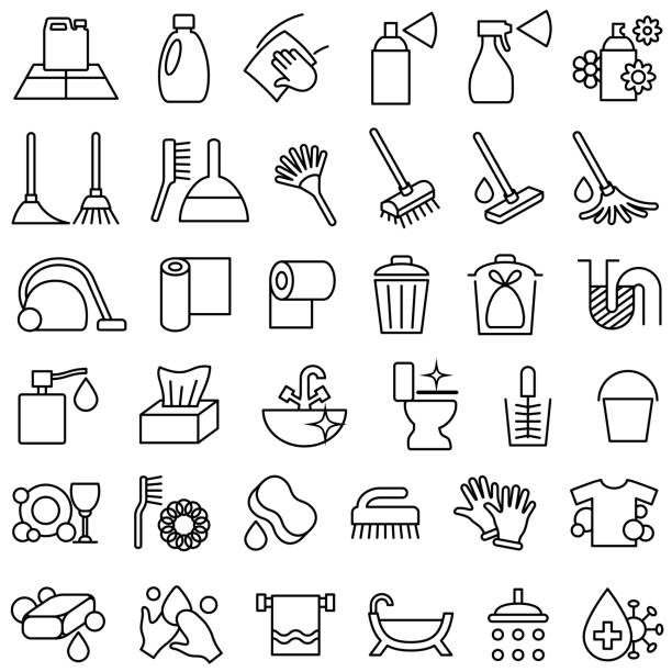 ilustraciones, imágenes clip art, dibujos animados e iconos de stock de iconos de productos de lavado, limpieza y artículos de tocador - chemical merchandise cleaning product domestic life