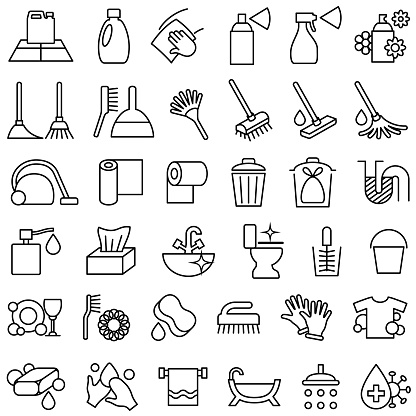 Household cleaning and washing single color isolated outline icons