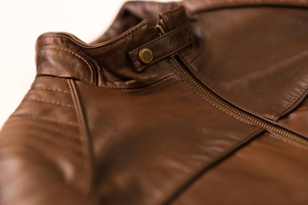 istock Dark brown leather jacket close up, stock photo 1377906120