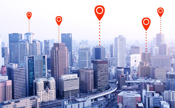 istock Network connection concept. Aerial view on Tokyo with location pin 1377918126