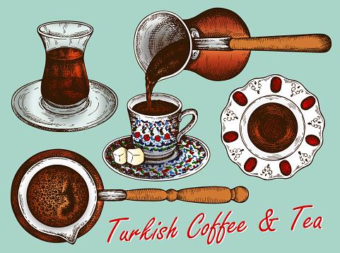 Sketch drawing set of colorful Turkish tea and coffee in glass cup on blue background. Engraved drawing traditional Turkish hot drink, turk cup of coffee, turkish delight. Retro vector illustration.