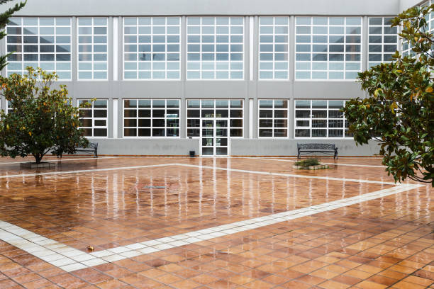 Gray facade with white window, foundry benches, trees and brown floor with white lines