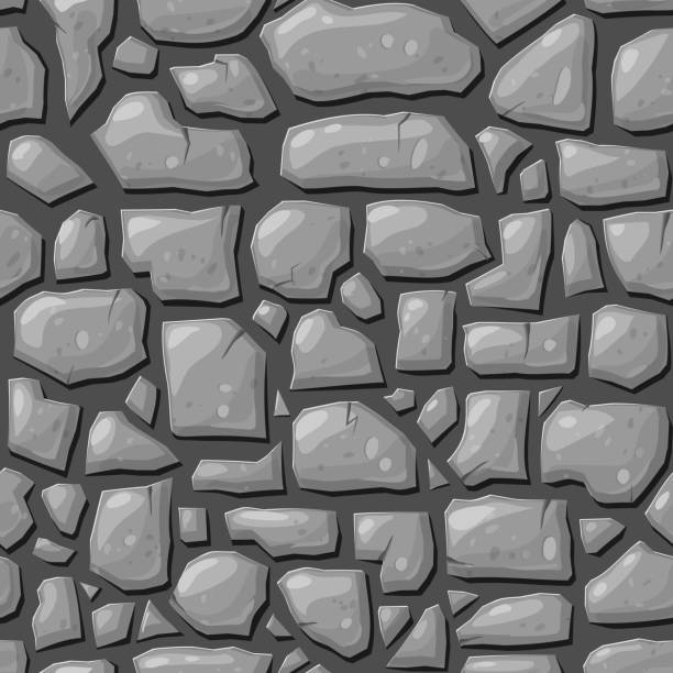 シームレスなグレーの石の背景。カジュアルなゲームデザインのための岩や石畳のテクスチャ。ベクター漫画スタイルのイラスト。石積みの壁。石板または舗装石のタイル。ダンジョンまた� - stone cobblestone material rock点のイラスト素材／クリップアート素材／マンガ素材／アイコン素材