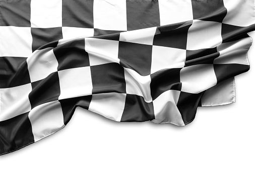 Checkered black and white racing flag on white background