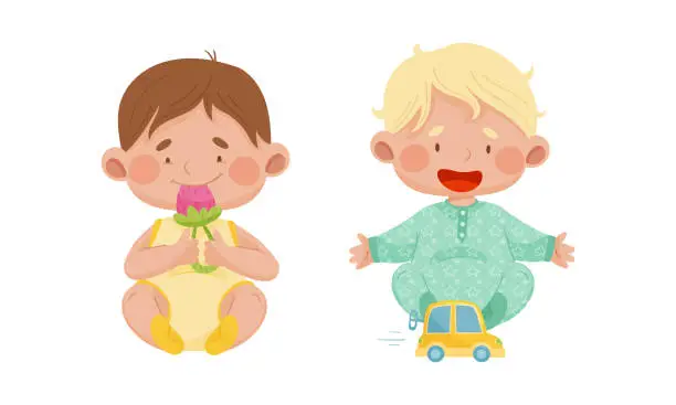 Vector illustration of Cute babies playing toys set. Lovely toddler boys with nipple teether and car cartoon vector illustration