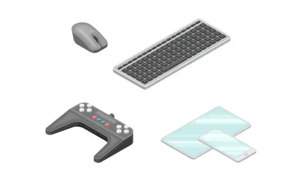 Vector illustration of Keyboard, computer mouse, game controller and smartphone. Modern wireless mobile devices isometric vector illustration