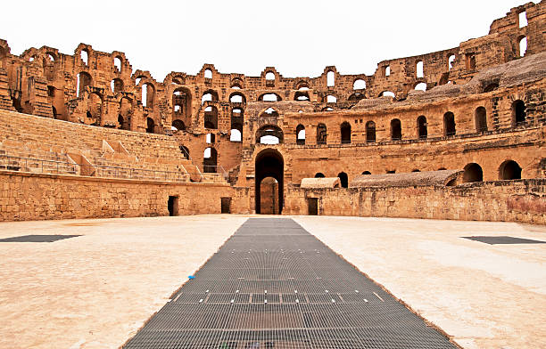 A ground view of the Amphitheater in El Jem in Tunisia stock photo