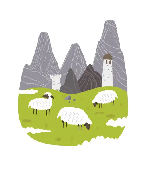 Vector illustration of White sheep with black muzzles graze in a meadow. Vector landscape with fields and mountains.