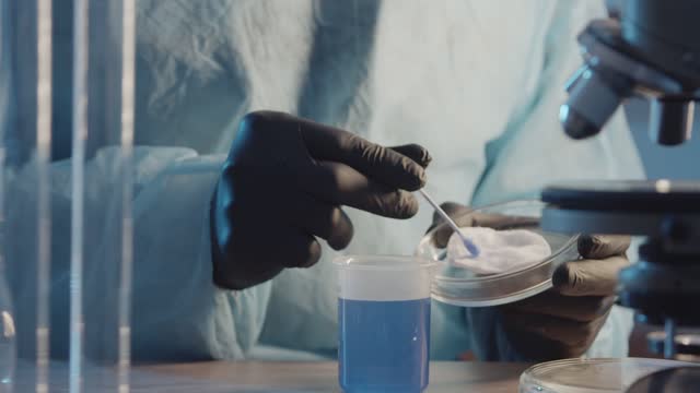 A laboratory assistant in protective rubber gloves makes samples of a blue liquid on a cotton pad in a petri dish close-up. Against the backdrop of laboratory equipment.