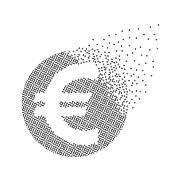 euro währung schnelle pixel punkte symbol. - spotted improvement circle halftone pattern stock-grafiken, -clipart, -cartoons und -symbole