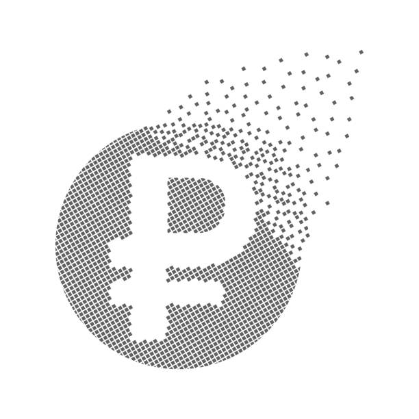 ilustraciones, imágenes clip art, dibujos animados e iconos de stock de icono de puntos de píxeles rápidos de la moneda del rublo. - spotted improvement circle halftone pattern