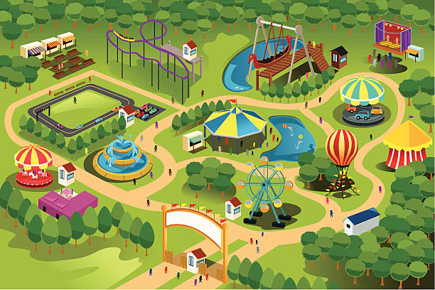 illustrazioni stock, clip art, cartoni animati e icone di tendenza di parco divertimenti mappa - amusment park