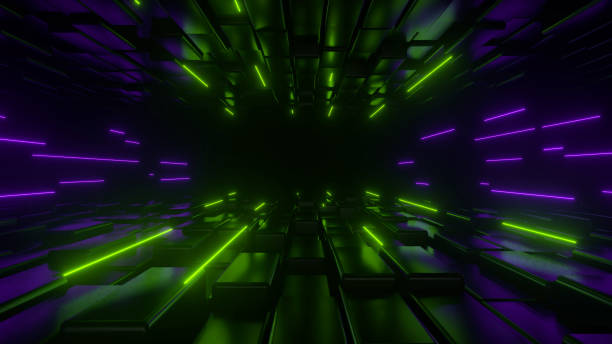 istock Dark tunnel illuminated by neon green purple lights. Digital space. Cyberspace decor element. Motion background. 3D Render 1378041119