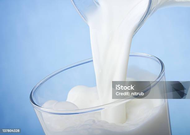 Milk Pouring Into Glass Stock Photo - Download Image Now - Blue, Cream - Dairy Product, Dairy Product