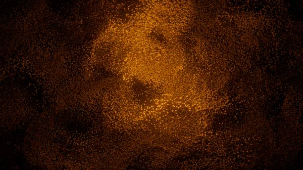 istock Abstract patterns of golden sand spreading on black background. Orange dot cloud swirls at darkness. Virtual data. Motion background. 3D render 1378045647
