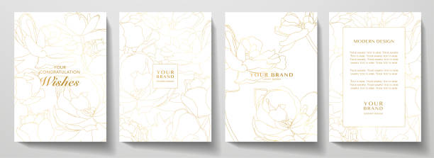 Romantic spring cover and frame page design set. Golden tulip flower bouquet with line pattern on white Golden summer vector background for elegant wedding invitation, menu, summer sale, holiday poster floral menu card stock illustrations