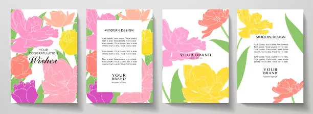 Vector illustration of Romantic spring cover and frame page design set with multi color tulip flower bouquet