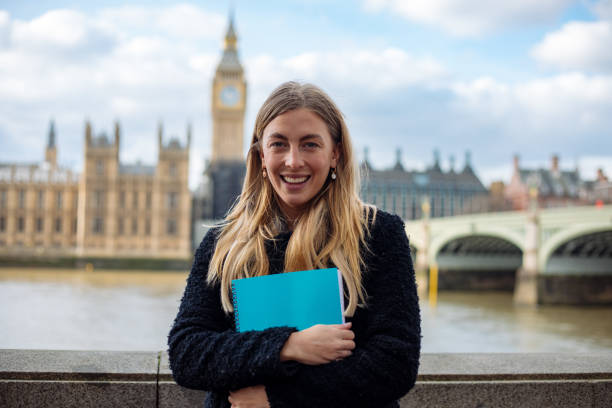 Happy female student in London stock photo