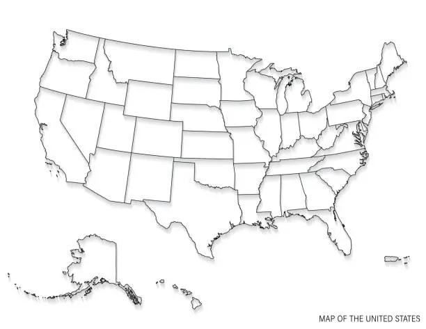 Vector illustration of Line Art Map Of The United States With A Drop Shadow On A Transparent Background