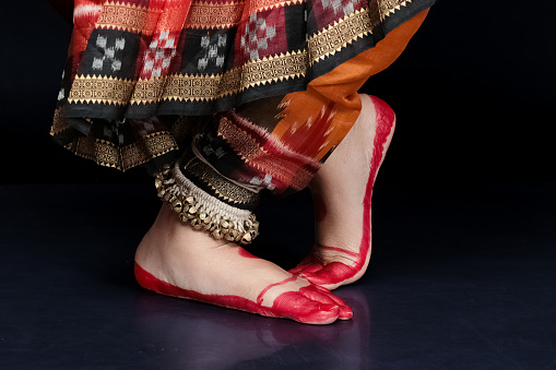 close up of footsteps of indian classical dancer