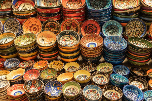 istock Handmade Turkish ceramics, pottery, bowl in bazaar. 1378099304