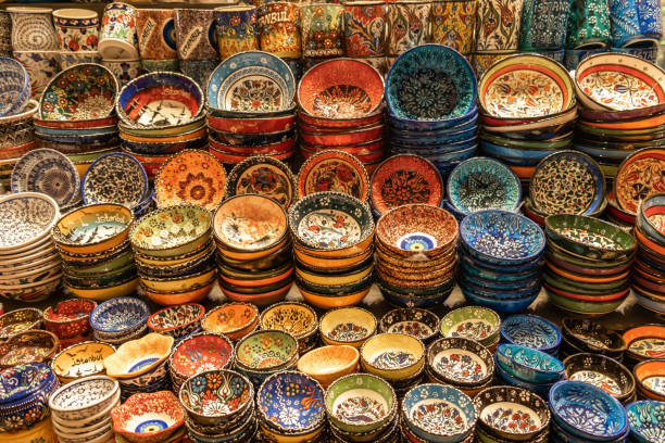 istock Handmade Turkish ceramics, pottery, bowl in bazaar. 1378099339