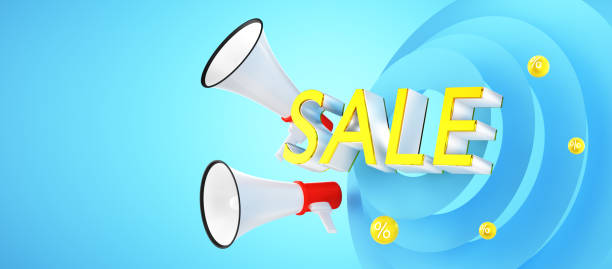 istock Poster promotion and sale sticker label, megaphone presentation poster. 3d render 1378109171
