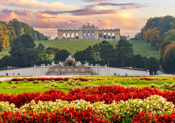 pawilon gloriette i fontanna neptuna w parku schonbrunn, wiedeń, austria - town of blossom zdjęcia i obrazy z banku zdjęć
