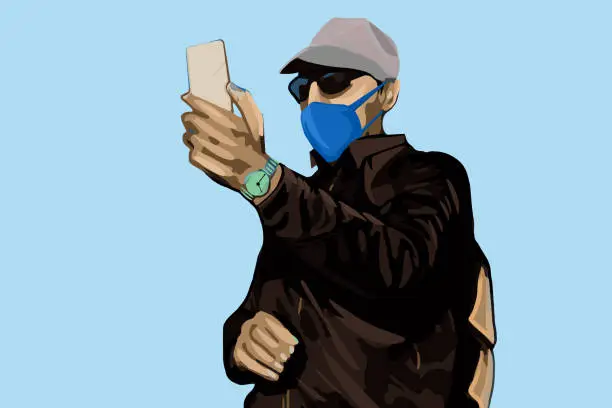 Vector illustration of Senior man having a video call in Coronatimes