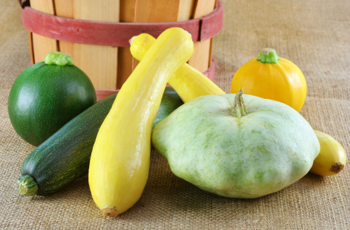 Assorted summer squash on burlap which includes green and yellow zucchini, globe, and patty pan squash